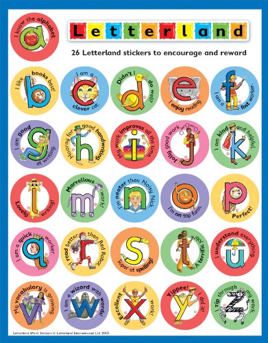 Sheet of 26 colorful round Letterland alphabet stickers with illustrations.