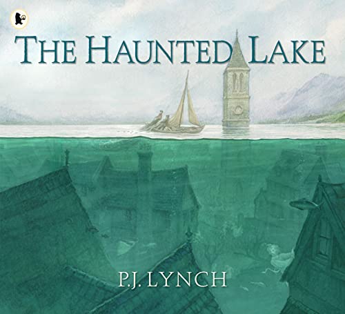Book cover: "The Haunted Lake" with a submerged town and sailboat.