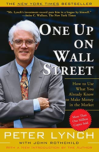 Book cover: "One Up On Wall Street" featuring portrait of Peter Lynch.