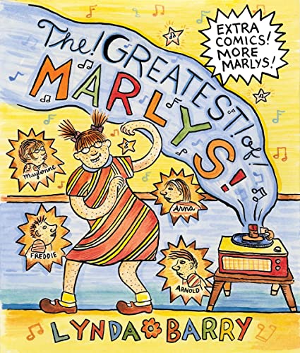 Colorful cartoon illustration of three children dancing with musical notes and portraits.