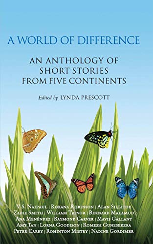 Book cover: “A World of Difference” anthology with butterflies and green foliage.