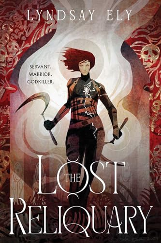 A woman with red hair holds a scythe on a dark, patterned book cover.