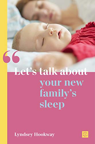 A baby and parent sleeping on a bed, with book title text on pink background.