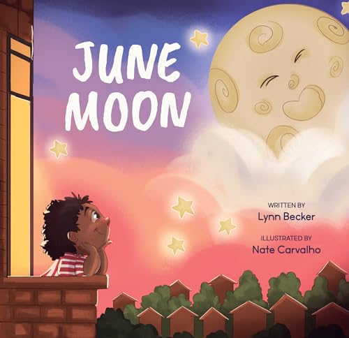 Child looks at a large, smiling moon through a window at night.