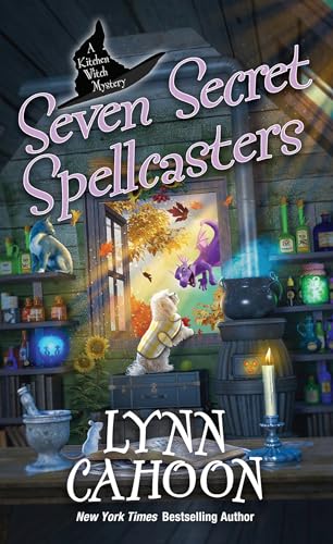 Book cover: cozy kitchen scene with a cat, cauldron, and small dragons.