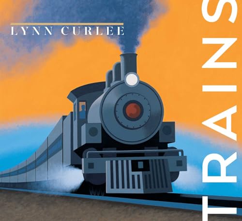 Blue steam train with white smoke against an orange and blue sky.