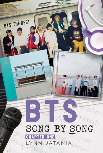 Book cover featuring BTS members, a microphone, headphones, and sheet music background.