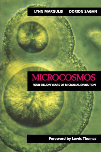 Book cover: “Microcosmos” with microscopic image of a cell dividing.