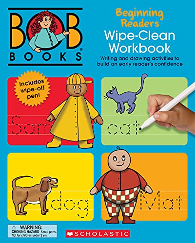 Bob Books wipe-clean workbook with illustrated characters and handwriting practice.