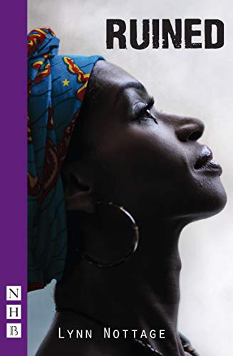 Book cover: "Ruined" featuring a woman in a blue headwrap, looking upwards.