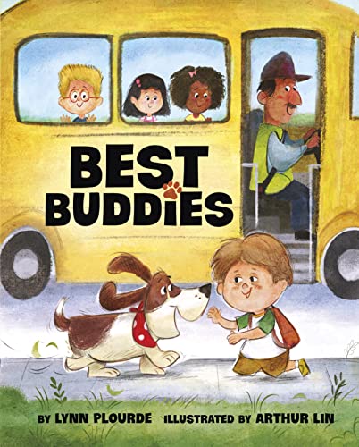 Children and a dog look out from and approach a school bus.