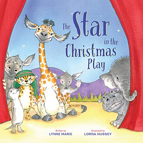 Giraffe and other animals in costume on a stage backdrop.