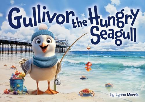 Cartoon seagull with hat and scarf fishing on a beach.