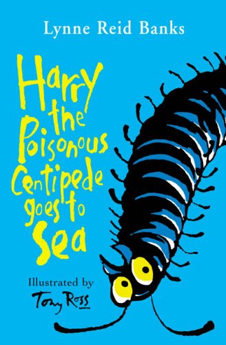 Book cover featuring a large, cartoonish blue centipede with yellow eyes.