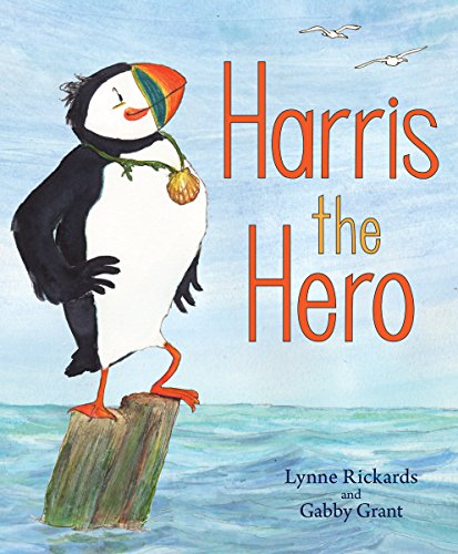 Colourful illustration of a puffin hero on a book cover with a Scottish landscape background.