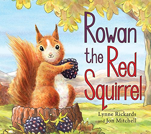 A red squirrel sits on a tree stump holding blackberries in a landscape illustration.