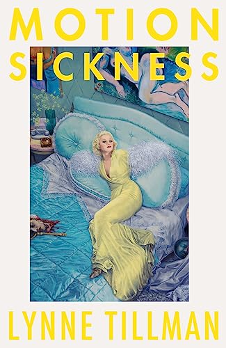Book cover: woman in yellow dress reclining on a blue, wavy bed.