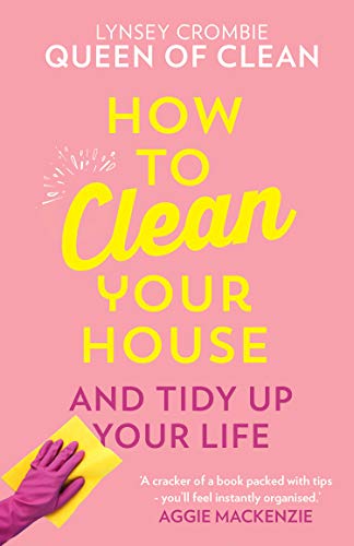 Book cover with pink background, yellow text, and a gloved hand with a cloth.