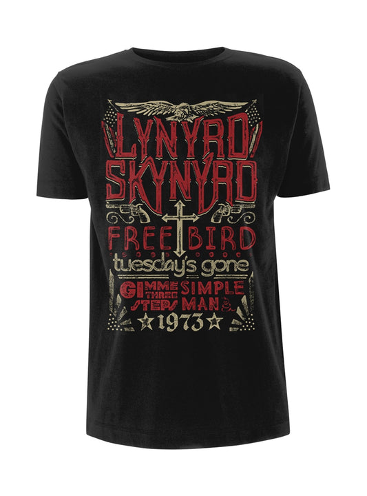 Black t-shirt with red Lynyrd Skynyrd 1973 song title graphic.