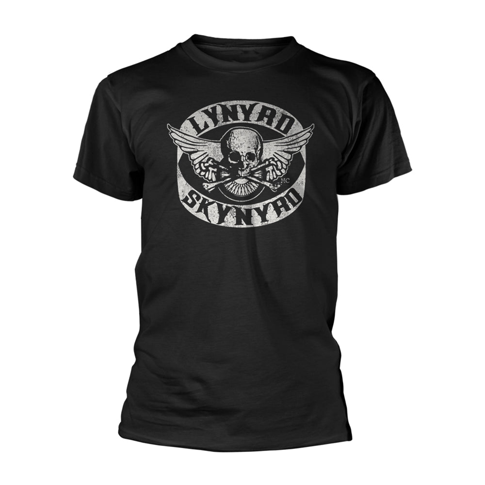 Black t-shirt with a circular Lynyrd Skynyrd skull and wings patch.