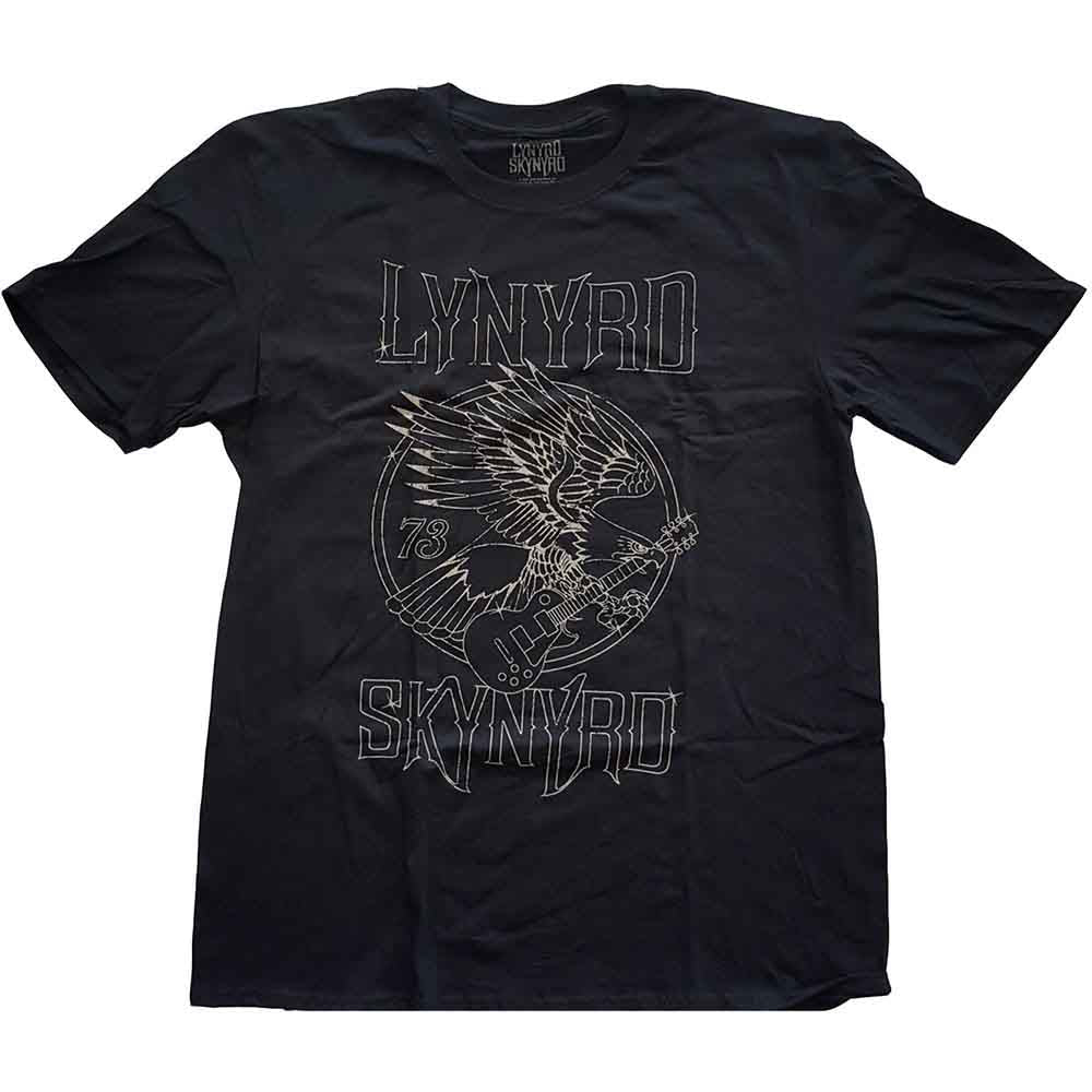 A man wearing a black Lynyrd Skynyrd t-shirt with a grey eagle graphic.