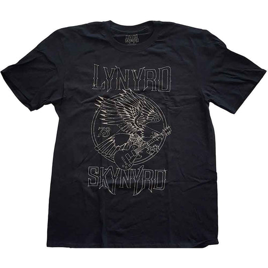A man wearing a black Lynyrd Skynyrd t-shirt with a grey eagle graphic.