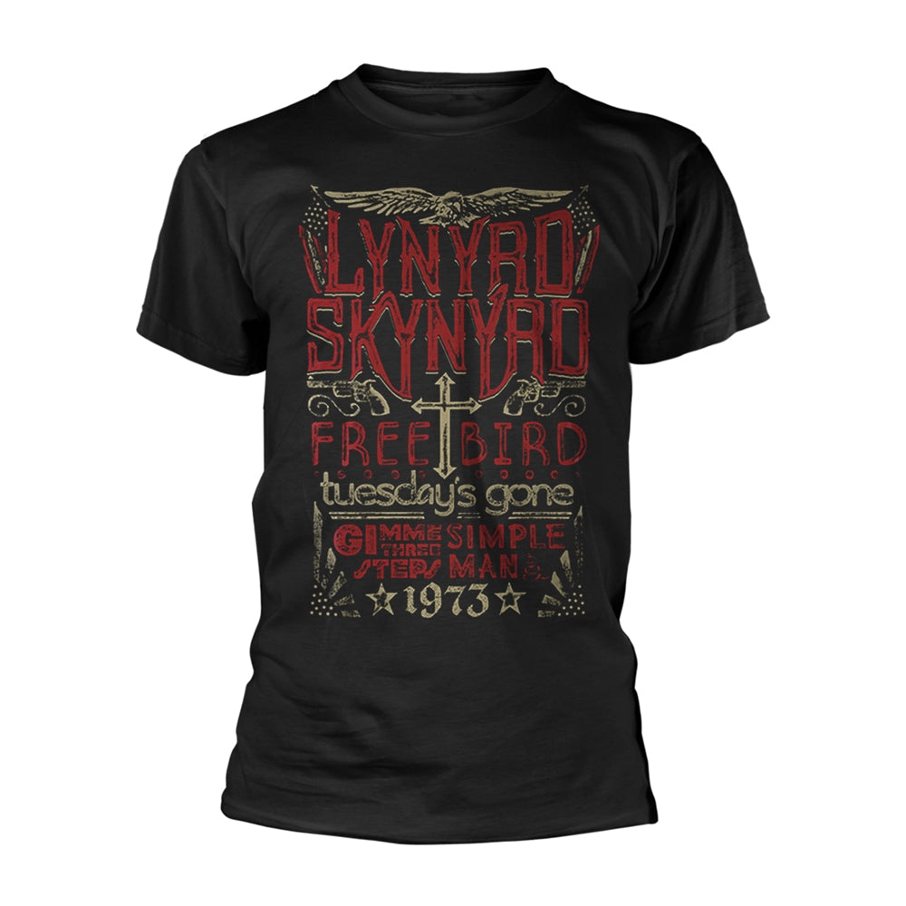 Black t-shirt with red and white Lynyrd Skynyrd "Free Bird" graphic.