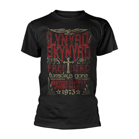 Black t-shirt with red and white Lynyrd Skynyrd "Free Bird" graphic.