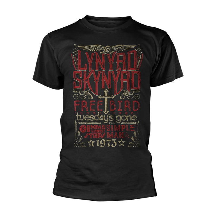 Black t-shirt with red and white Lynyrd Skynyrd "Free Bird" graphic.