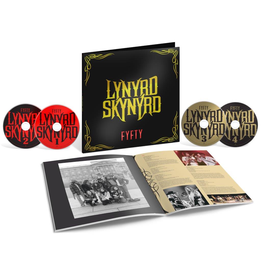 "Lynyrd Skynyrd FYFTY CD box set with 4 CDs and booklet."