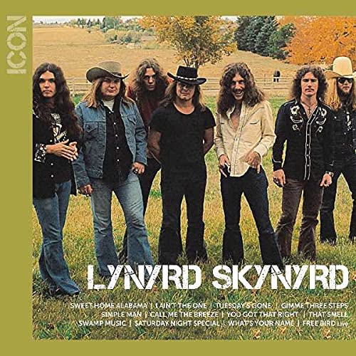 Lynyrd Skynyrd band portrait on album cover, rural landscape background.