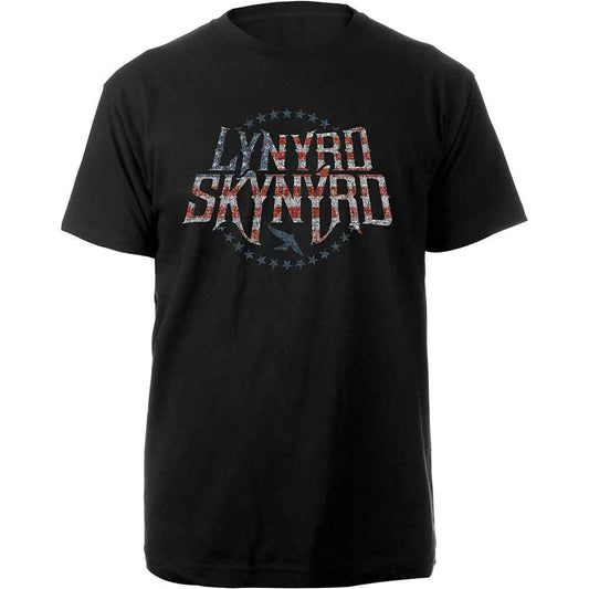 Black Lynyrd Skynyrd t-shirt with red, white, and blue band logo.