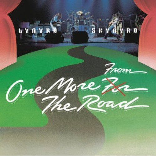 "Lynyrd Skynyrd album cover with band performing on stage, green road graphic below."