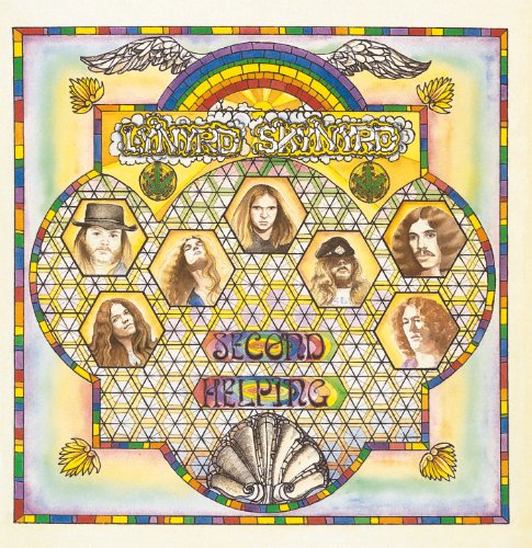 Album cover for Lynyrd Skynyrd's Second Helping featuring band member portraits in a geometric design.
