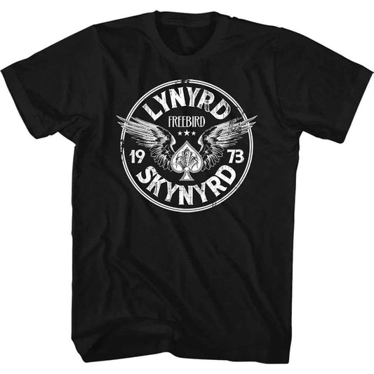 Black t-shirt with a vintage-style "Freebird '73 Wings" Lynyrd Skynyrd design.