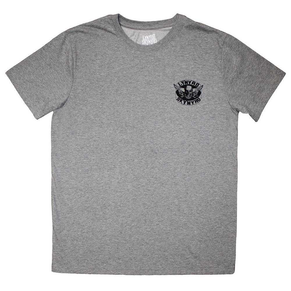 Black t-shirt with small, monochrome Lynyrd Skynyrd biker patch logo, size XX-Large.