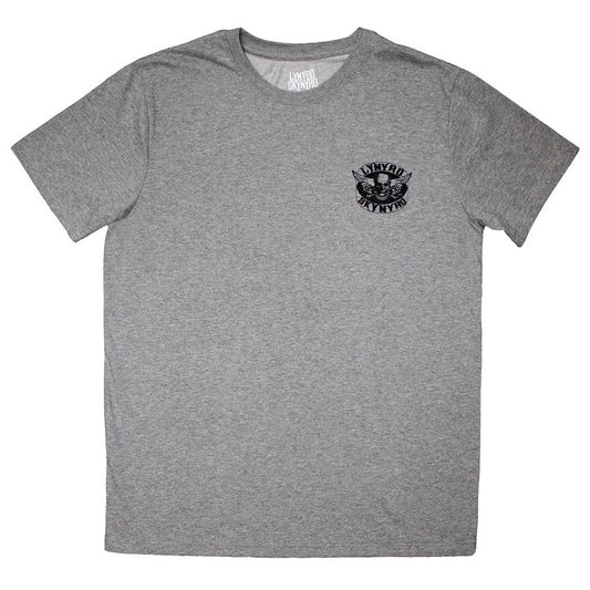 Black t-shirt with small, monochrome Lynyrd Skynyrd biker patch logo, size XX-Large.