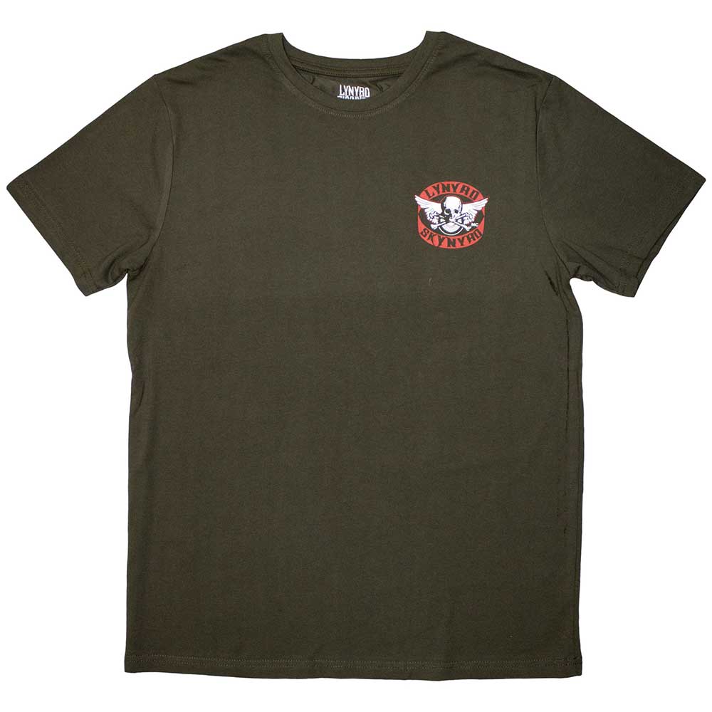 Black t-shirt with small, circular Lynyrd Skynyrd biker patch logo, size X-Large.