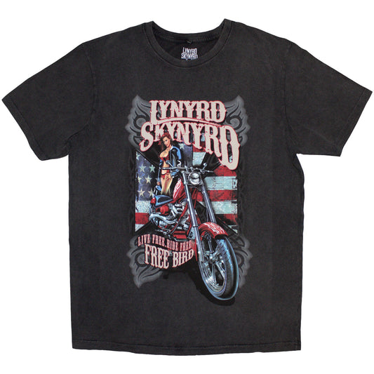 Stone wash t-shirt with Lynyrd Skynyrd "Ride Free" graphic, medium size.