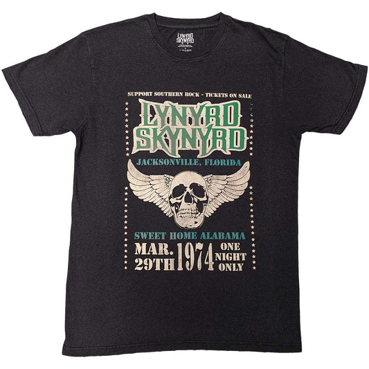 Black t-shirt with a white winged skull, Lynyrd Skynyrd logo graphic.