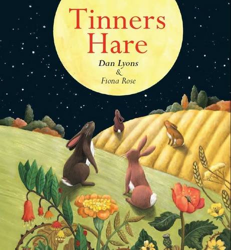 Illustrated book cover with hares in a field under a full moon.