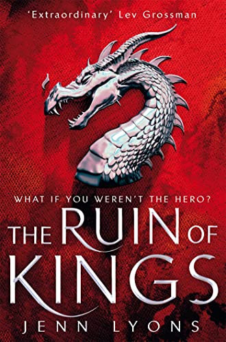 Book cover with a silver dragon head on a textured red background.
