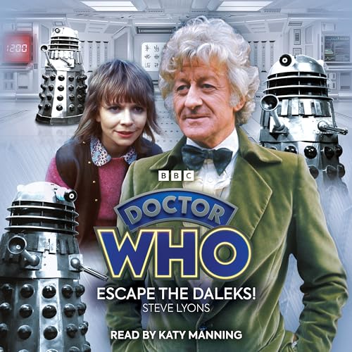 Third Doctor, Jo Grant, and Daleks on audio drama cover.