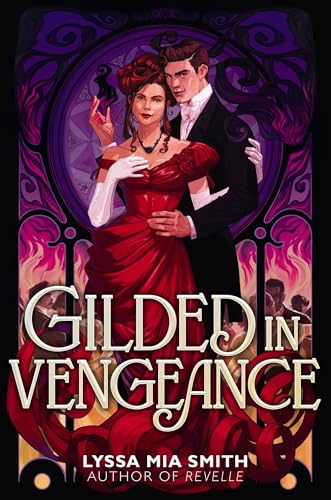 Book cover: couple in formal wear, ornate purple and red background.