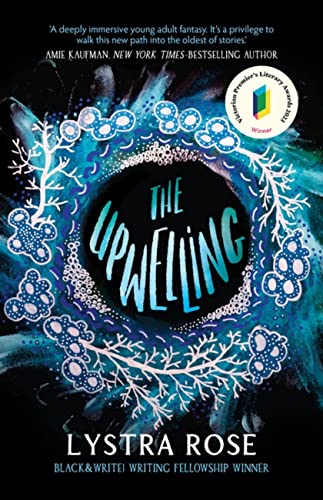 Book cover for "The Upwelling" with blue floral and underwater imagery.