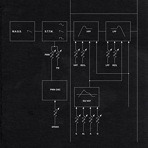 Black vinyl record cover with white schematic diagram of electronic circuits.