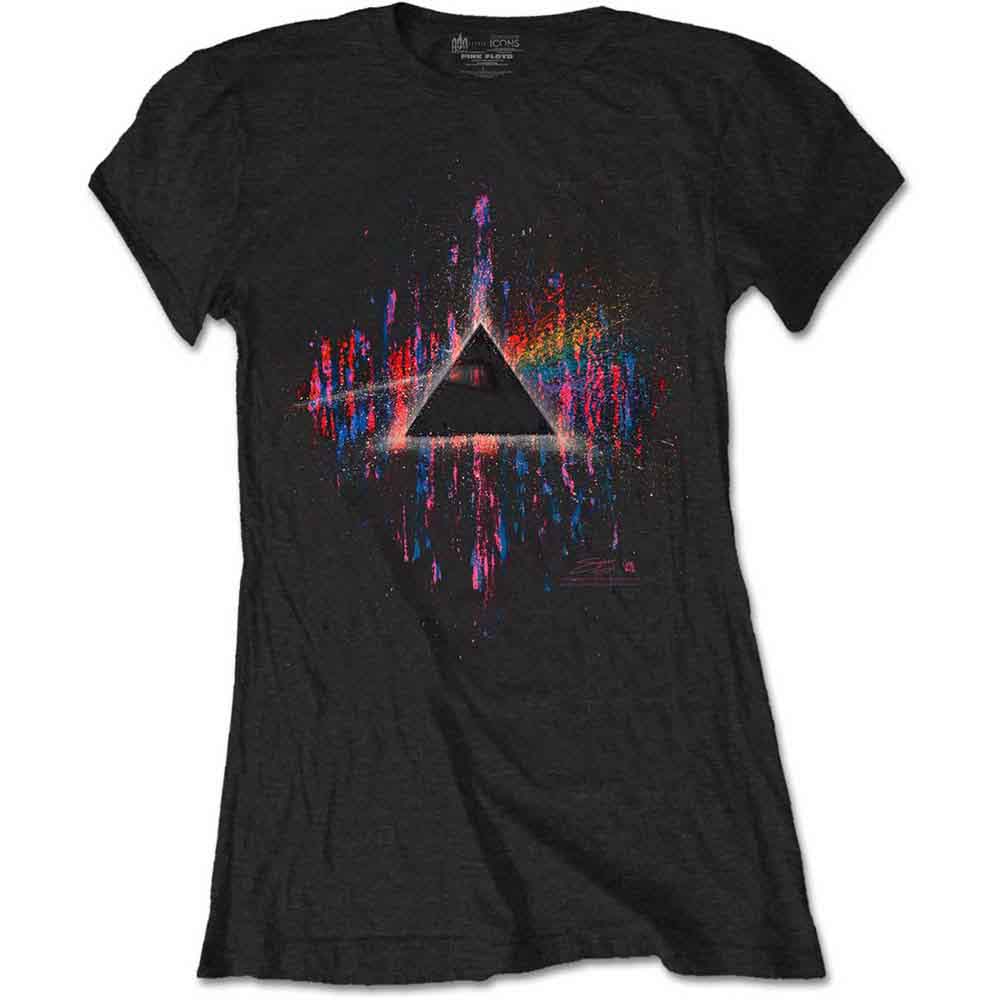 Black women's t-shirt with a colorful, splatter-effect Pink Floyd prism design.