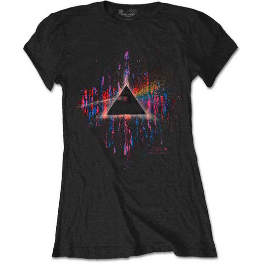 Black women's t-shirt with a colorful, splatter-effect Pink Floyd prism design.