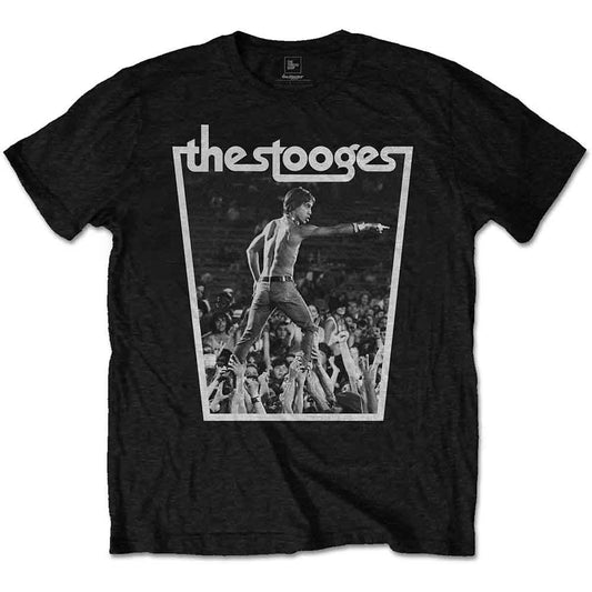 Black t-shirt with a black and white image of a concert performer.