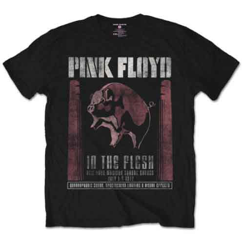A man wearing a black Pink Floyd In the Flesh t-shirt with a pig graphic.
